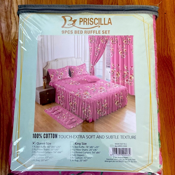 9 pieces bed ruffle set queen size and pink